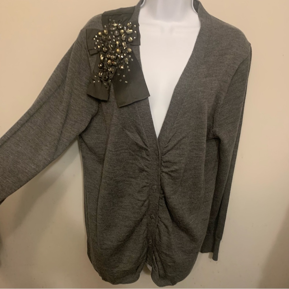 NWOT Loft Stunning Gray Cardigan with Jeweled Bow Accent Sz XL - Picture 2 of 16